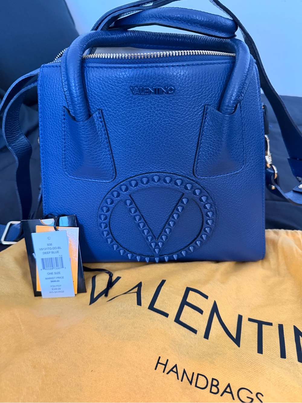 Valentino Blue Pebbled Leather Shoulder Bag with Stud V Emblem